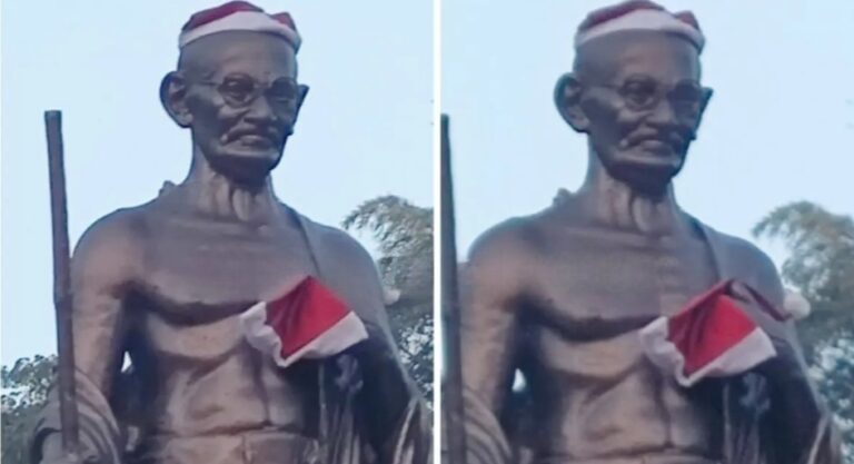 ಗಾಂಧಿ ಪ್ರತಿಮೆಗೆ ಸಾಂತಾ ಕ್ಲಾಸ್ ಕೆಂಪು ಟೋಪಿ ಹಾಕಿ ಅವಮಾನ ಮಾಡಿದ ಕಿಡಿಗೇಡಿಗಳು