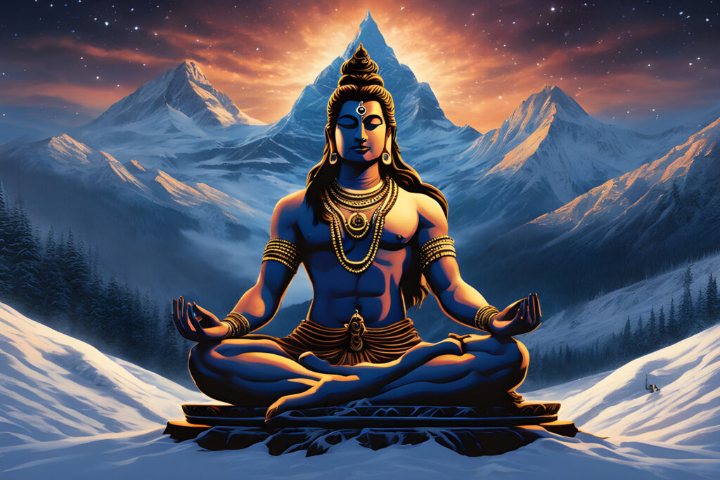 creper lord shiva meditating in snow on mountain centered symmetry painted intricate volumetric lighti 446966241