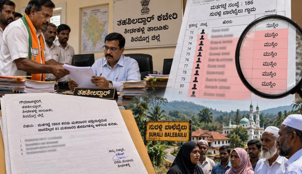 ತೀರ್ಥಹಳ್ಳಿ | ಮತಪಟ್ಟಿಯಿಂದ ಮುಸ್ಲಿಮರ ಹೆಸರು ಅಳಿಸಲು ಬಿಜೆಪಿ ಸಂಚು? ತಹಶೀಲ್ದಾರ್‌ಗೆ ಪತ್ರ ಬರೆದಿದ್ದ ಬಿಜೆಪಿ ಮುಖಂಡ