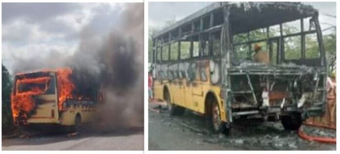 ಶಾಲಾ ಬಸ್‌ನಲ್ಲಿ ಬೆಂಕಿ ಕಾಣಿಸಿಕೊಂಡಿದ್ದು, ಅಪಾಯದಿಂದ ಪಾರು