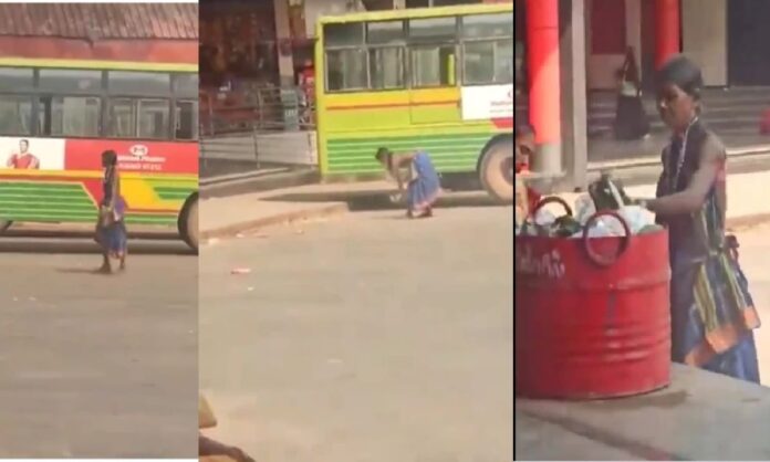 ಉತ್ತರ ಕನ್ನಡ ಜಿಲ್ಲೆಯ ಅಂಕೋಲ ಬಸ್‌ ನಿಲ್ದಾಣದಲ್ಲಿ ಮಹಿಳೆಯಿಂದ ಸ್ವಚ್ಛತಾ ಕಾರ್ಯ